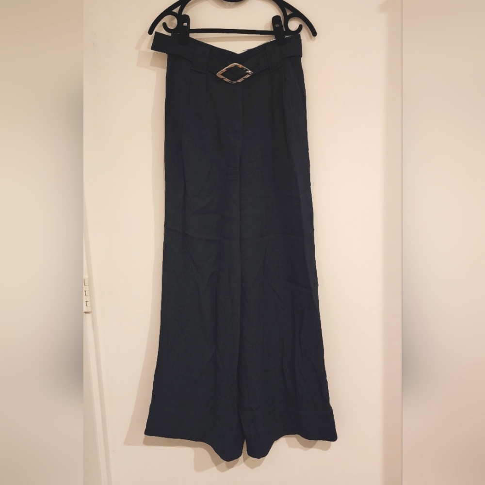 Ganni Navy Linen Wide Leg Pants